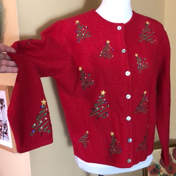 Vtg KAREN SCOTT sz Medium  100% Wool Christmas Tree Festive Embroidered HongKong - Picture 5 of 16